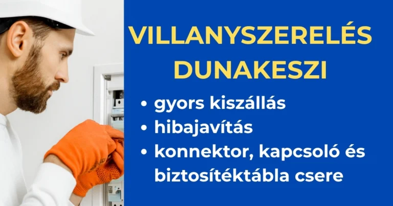 Villanyszerelés Dunakeszin – gyors kiszállás, hibajavítás, konnektor, kapcsoló és biztosítéktábla csere. A képen egy szerelő dolgozik egy elektromos panelen, mellette kék háttérrel kiemelt szolgáltatási lista látható.